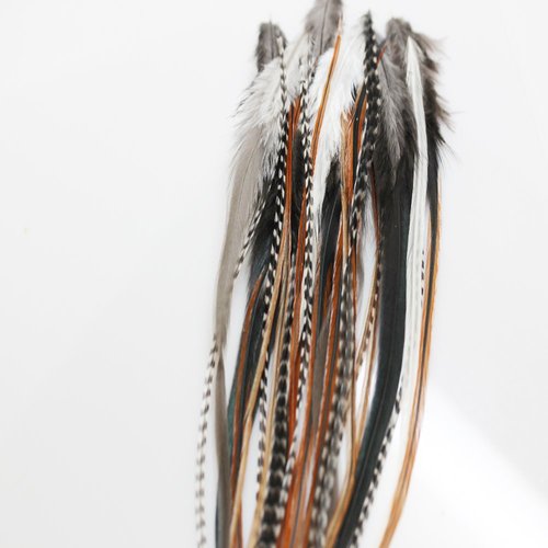 Sexy Sparkles Feather Hair Extensions - Natural Beige & Brown Feathers, 25 Individual Loose Feathers, 8-12 Inches, Includes 10 Silicone Micro Beads