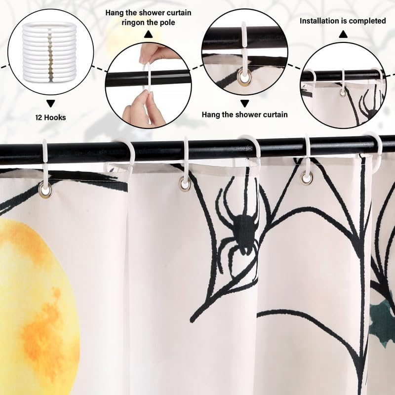 Halloween Shower Curtain Black Cat Pumpkin Waterproof Fabric Bath Decor - Black Cat Variation