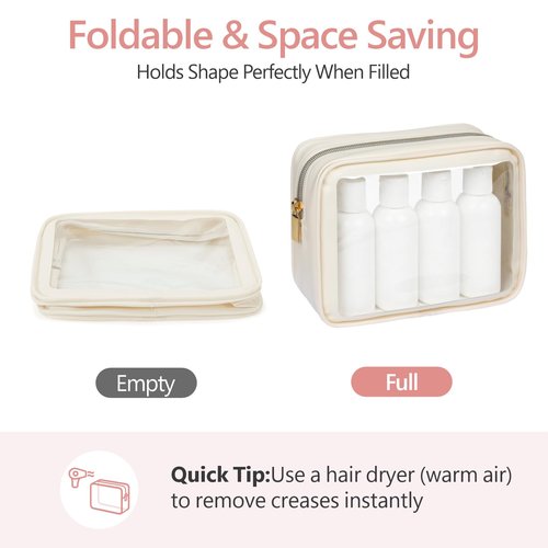 PACKISM Clear Makeup Bag 3 Pack Medium - Foldable TSA Approved Toiletry Bag Quart Size for Travel Bottles, Water Resistant Multipurpose Car Storage Organizer with Reinforced Seams, Beige