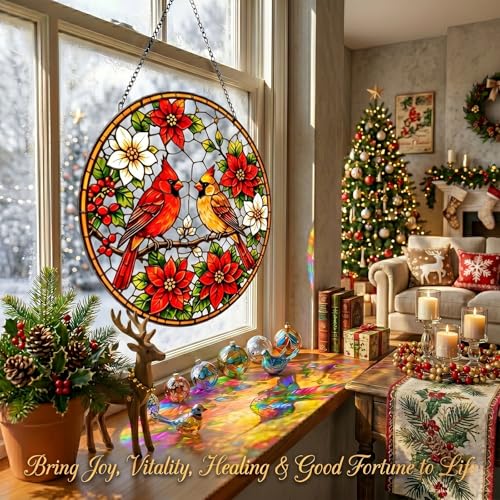 Red Birds Stained Glass Window Hanging Ornament - Suncatcher for Doors & Home Decor - Variation 7.8in