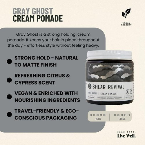 Shear Revival Gray Ghost Cream Pomade - Vegan Hair Styling Cream for All Hair Types, Strong Hold, 3.4oz | Natural to Matte Finish, Citrus & Cypress Scent