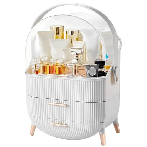 Sansixzero Makeup Organizer with Transparent Lid & 2 Drawers – Large Capacity Cosmetic Skincare Storage Box for Bathroom Vanity, Countertop, Bedroom – Portable and Dustproof, White (11"x7"x14")