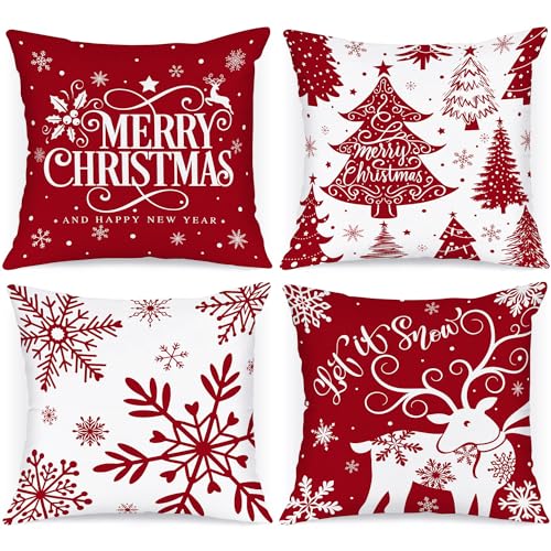 Christmas Pillow Covers Set of 4 22x22 Inches - Red & White Snowflake Decorative Cushion Covers for Sofa, Bed, Home Winter Decor Variation of Red / 22" x 22"