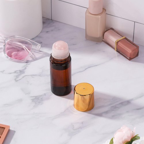 RAMFIYN 2 pack 1.7oz Large Amber Glass Roll on Bottles Rose Quartz Roller Ball Applicator for Essential Oils Perfume Refillable Empty Deodorant Containers with Pink Crystal Rollerball