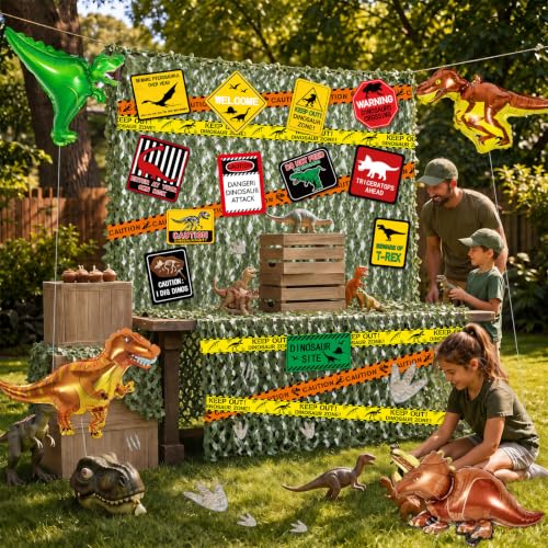 Dinosaur Party Decorations Set with Warning Signs Foil Balloons & Caution Tape