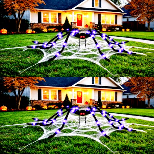 2 Pack 8 Modes 6.7FT Light-Up Halloween Giant Spiders with Purple Lights - Outdoor Indoor Decor