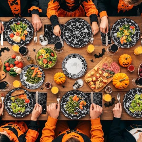 Halloween Paper Plates and Napkins Set - Serves 60 Guests, Spider Web Design