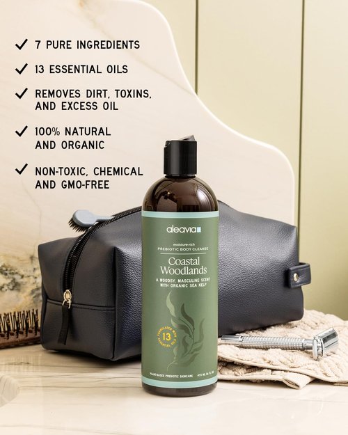 Aleavia Men's Body Cleanse - Organic Prebiotic Body Wash with 13 Essential Oils | Woodsy Scent - 16 Oz.