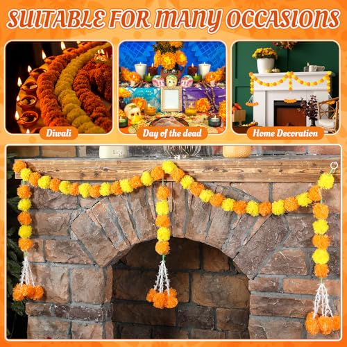 Artificial Marigold Garland for Diwali & Wedding Decor - Orange Yellow 3 Pack, 4.92 Feet Long