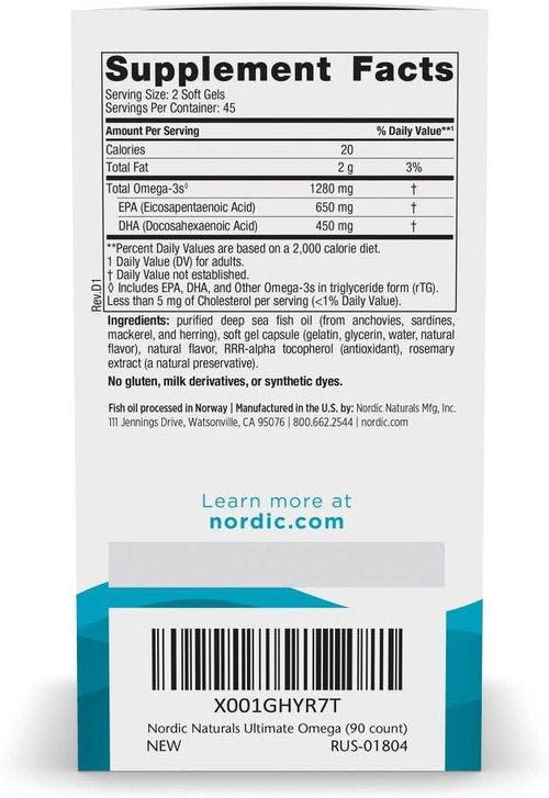 Nordic Naturals Ultimate Omega Soft Gels - High-Potency 1280 mg Omega-3 Fish Oil - Lemon Flavor - 90 Count