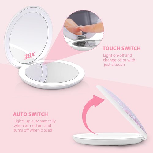 MIYADIVA 30x Magnifying Mirror with Light, LED Travel Mirrors, Makeup Mirror with Magnification,2 Sided USB Rechargeable Touch Screen Vanity Mirrors,4.8 Inch,Pink