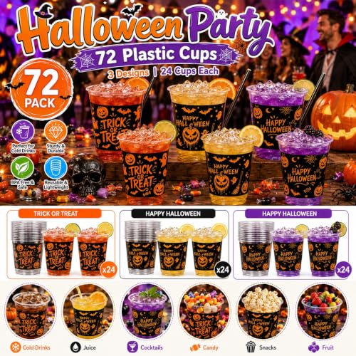Halloween Plastic Cups Set 14 oz - Orange & Black 72 Pack for Parties