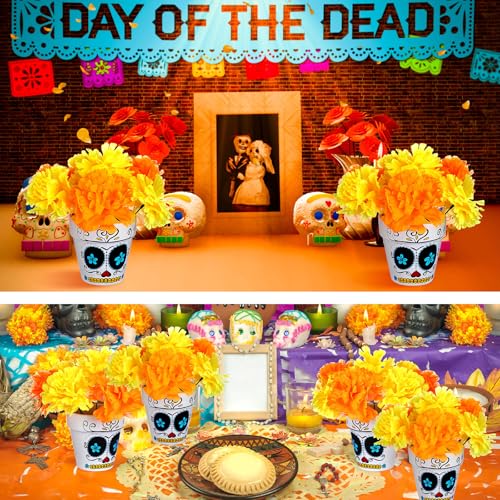 Day of the Dead Skull Vase Centerpiece Set with Marigold Flowers - Variation: Skull