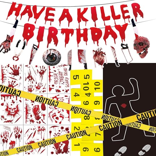 Red Murder Mystery Party Decorations Kit - Crime Scene & Body Silhouette