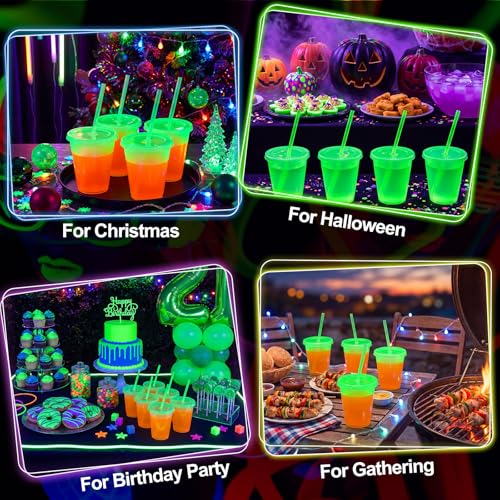 Glow in the Dark Halloween Cups - 15 Pack 12 oz Fluorescent Green Drinkware with Lids & Straws
