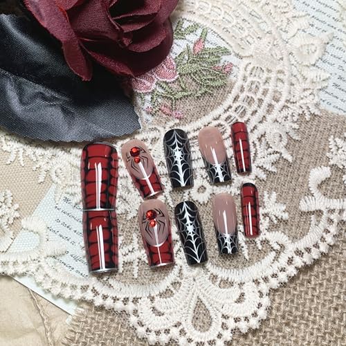 BABALAL Gothic Press on Nails Set - Black & Red Spider Web Halloween Variation BNO311