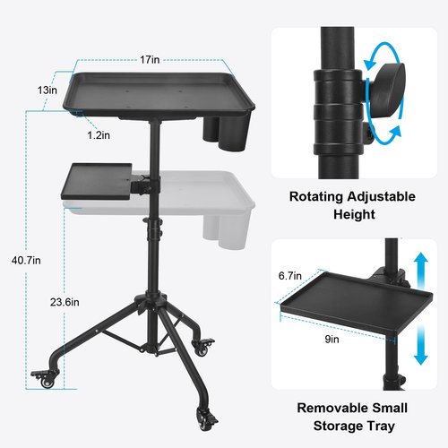 Salon Tray Cart on Wheels, Aluminum Tattoo Tray with Storage Platform, Adjustable Height Service Rolling Tray, Storage Tray Accessory for Salon Spa Dental Use, Rolling Tray Cart