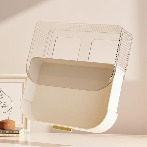 Makeup Organizer with 360 Rotating Brush Holder and Stackable Drawers, Cosmetic Display Case for Vanity, Bathroom Countertop (White, 3 Layer)