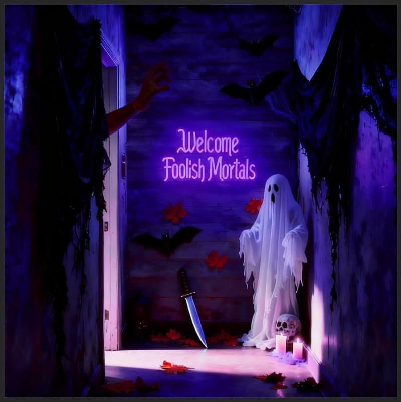 Purple Welcome Foolish Mortals Neon Sign Gothic Haunted House LED Lights - Dimmable USB