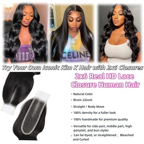 2x6 HD Lace Closure Body Wave Human Hair 16inch Real HD Transparent 100% Brazilian Virgin Middle Part Pre Plucked with Baby Hair Natural Color Kim K 2x6 Closure