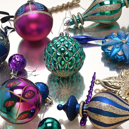 Peacock Blue Purple Green Shatterproof Christmas Tree Ornaments Set - 60pcs Holiday Decor