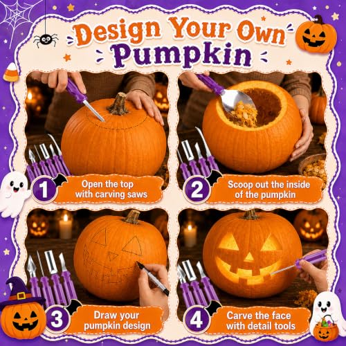 Halloween Pumpkin Carving Kit with 7 Tools & Purple Storage Bag - DIY Jack O Lantern