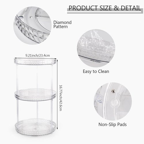 Runivor 360 Clear Rotating Makeup Organize for Vanity,3 Tiers Lazy Susan with Diamond Pattern, Large-Capacity Skincare Organizers Cosmetic Display Case Organizer for Dresser (Clear White, 3Tiers)