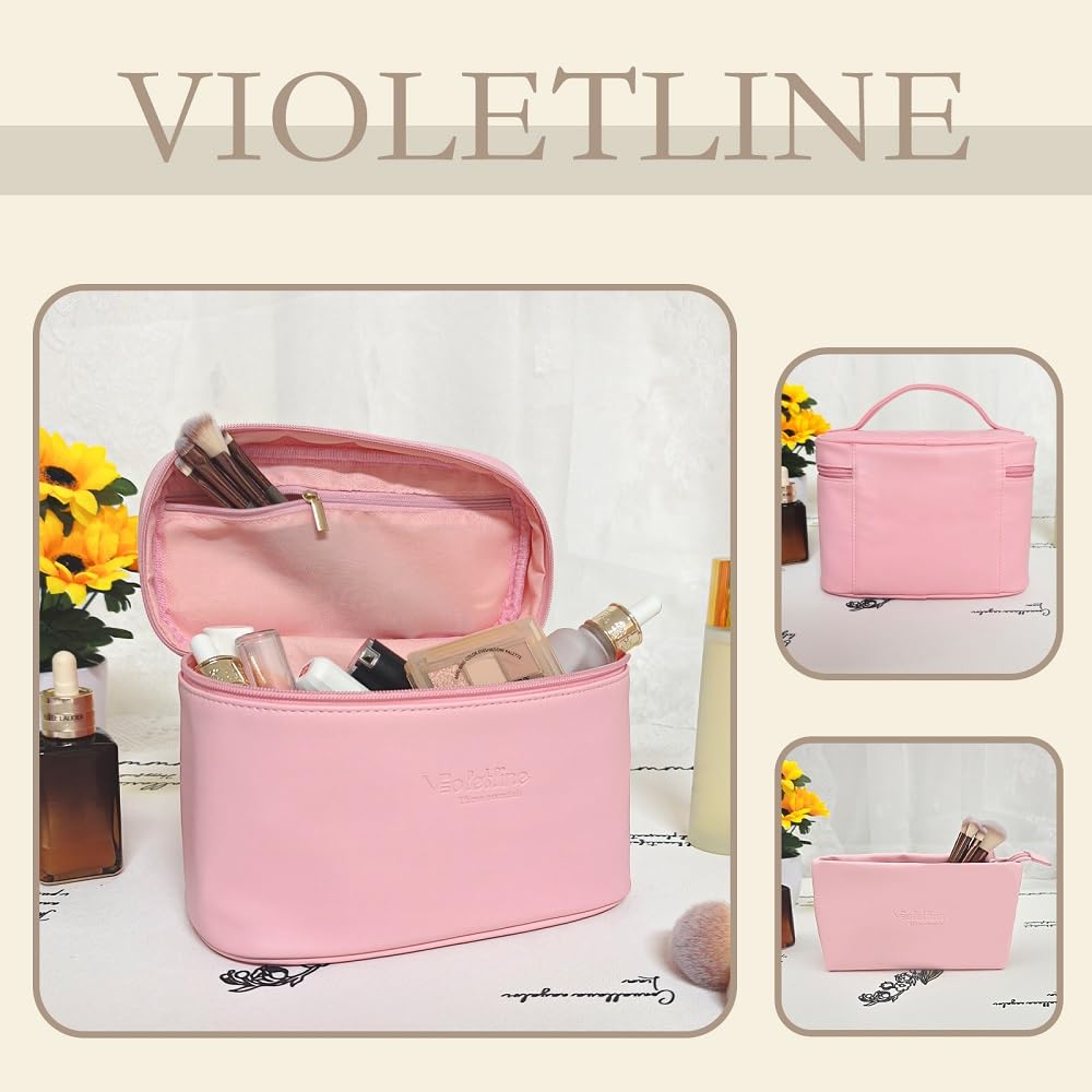 Violetline Travel Cosmetic Bag for Women, PU Leather Cosmetic Bag Set of 2, Waterproof, Large Makeup Bag with Handle (Light pink makeup bag)
