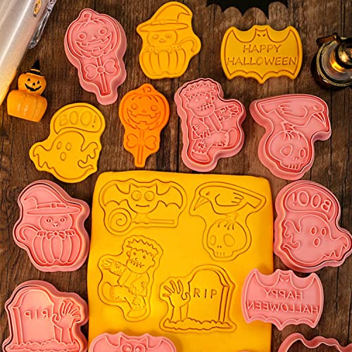 Halloween Cookie Cutter Set with Stamp - 8 Plastic Baking Tools for Cookies & Pastries