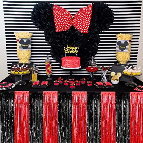 Black Red Metallic Foil Fringe Table Skirts Banner for Party Decorations - 6 Pack