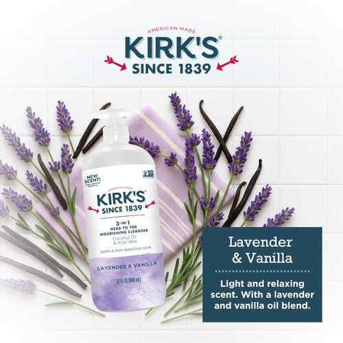 Kirk's 3-in-1 Head to Toe Nourishing Liquid Cleanser- for Men, Women & Children - Premium Coconut Oil & Aloe Vera- Non GMO & Vegan - Lavender and Vanilla - 32 Fl Oz.