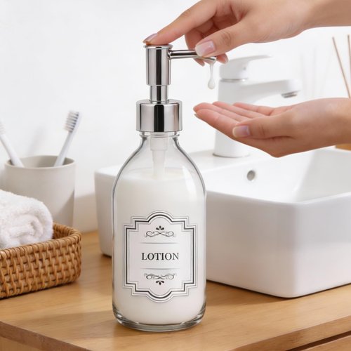 Homepicker 8 oz Clear Glass Pump Bottle, 250ml Small Lotion Dispenser Bottle for Body Massage Oil, Refillable Empty Hand and Dish Soap Dispensers Set with Plastic Silver Pump, Labels - 2 Pack
