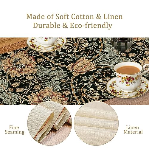 William Morris Table Runner 13x70 Inch Boho Rustic Ethnic Floral Design - Natural Cotton Linen