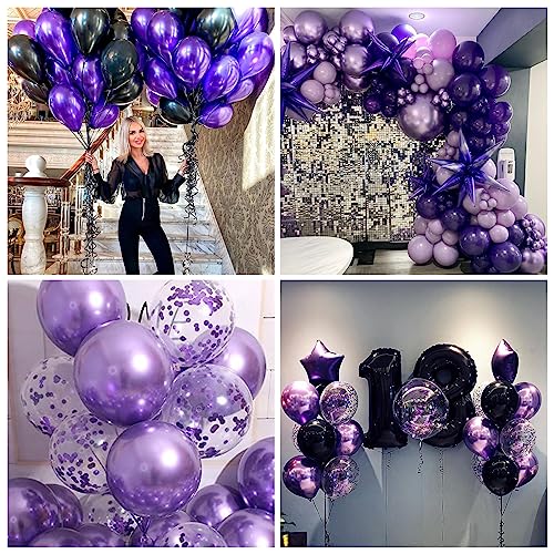 Purple and Black Balloons Set - 12 Inch Metallic Latex Confetti Party Decor - Variation: Purple Black