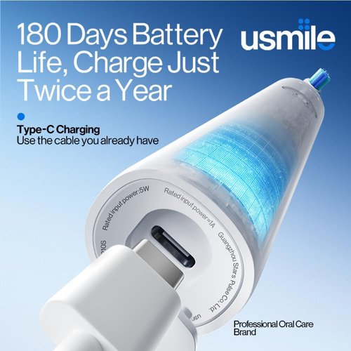 Usmile P10S Sonic Electric Toothbrush - 3 Cleaning Modes, 180-Day Battery, Sensitive Gum-Care Head, 2 Brush Heads (White)