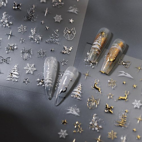 5D Embossed Chirstmas Nail Art Stickers 2 Sheets Xmas Tree Snowflakes Nail Decal Self Adhesive Pegatinas Uñas for Women Nail Supplies Art Design Stickers