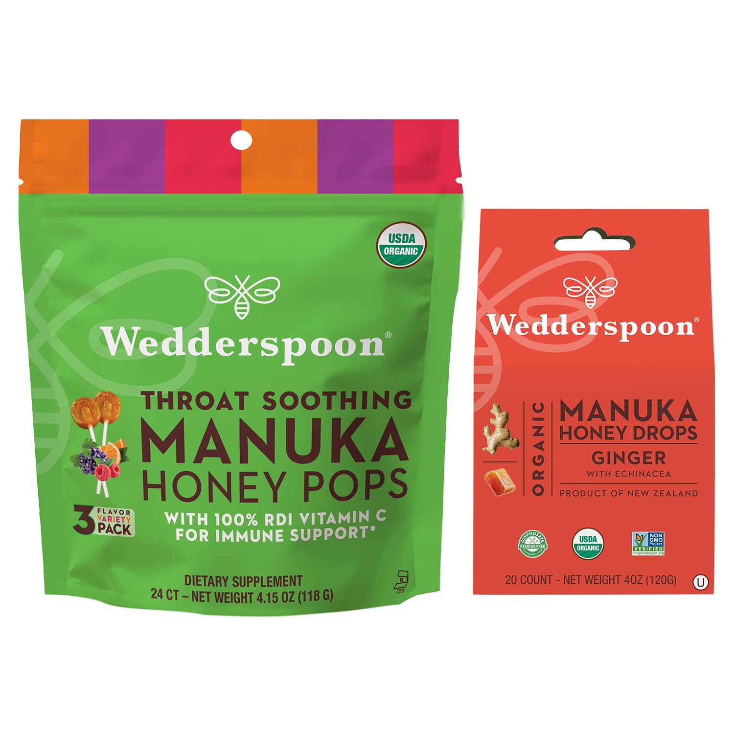 Wedderspoon Organic Manuka Honey Lollipops & Drops Variety Pack | 24 Lollipops & 20 Drops - Natural Remedy for Dry Throats