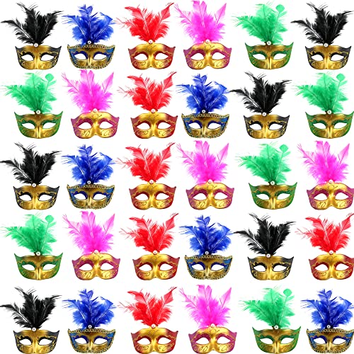Mini Masquerade Masks Set - 30 Gold Party Decorations for Mardi Gras Halloween & More