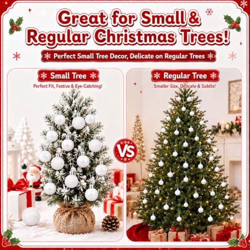 Mini White Christmas Ornaments Set - 24 Small 1.6 Inch Shatterproof Holiday Balls