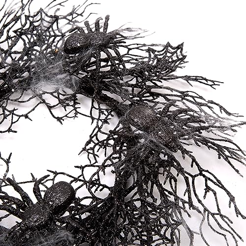 Halloween Wreath Black 18 Inch Door Decor with Spiders & Webs - Skrantun