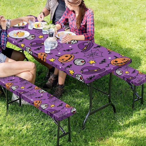 Halloween Picnic Table Cover with Bench Covers 94 x 30 in - Fitted & Elastic Band