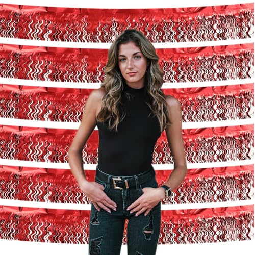 Red Metallic Foil Fringe Banner for Party Backdrops - Wavy Tinsel Garland for Weddings & Celebrations