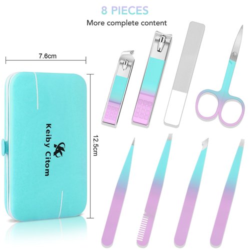 Tweezers Set and Nail Clippers 8Pcs Precision No Gaps Eyebrow Tweezer Kit for Facial Hair Men & Women Travel Tweezers with Leather Case (Violet/Cyan)