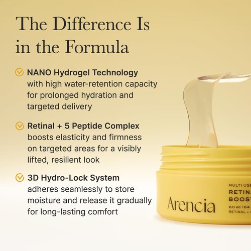 ARENCIA Retinal Boosting Eye Mask, Hydrogel Under Eye Patches with Peptides for Dark Circles, Puffiness, Fine Lines, 60 Patches, 2.96 oz