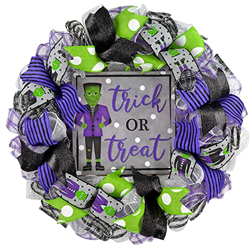 Halloween Frankenstein Wreath - Front Door Decor - Burlap, 24 Inch