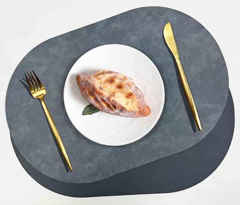 Dark Gray Oval Faux Leather Placemats Set of 6 Waterproof & Heat Resistant