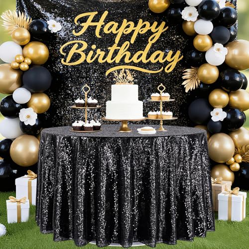 132 Inch Black Sequin Round Tablecloth for Weddings & Parties - Reusable