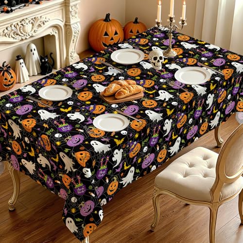 Purple Pumpkin Ghost Bat Table Cloth 55x70 Inch Rectangular Halloween Decor - Variation of Ghost Purple Pumpkin