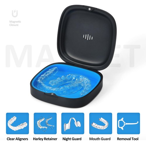 Gaboolo 2 Pack Retainer Case Slim Aligner Case with Vent Holes Removable Inner Tray Silicone for Easy Cleaning (2Pack Black Blue)