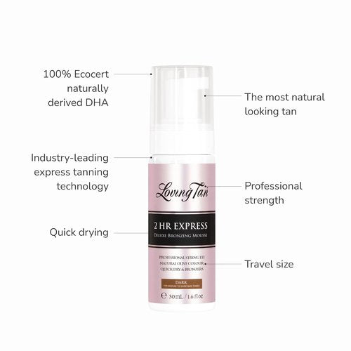 Loving Tan 2HR Express Self Tanner Kit - Dark Travel Size with Bronzing Mousse & Applicator Mitt | 1.6 Fl Oz